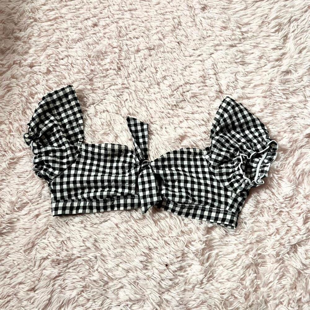 Jessica Simpson Gingham Plaid Puff Sleeve Country Rustic Southern Bikini Top
